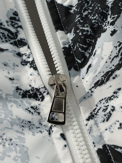 Men's Winter Mountain Camo Hooded Jacket with Insulating Polyester Fill - Stand Collar & Zippered Pockets, Machine Washable Outdoor Coat for Hiking, Camping, Casual Wear - White/Black/Gray (Regular Fit) by Ocean Muai Xing