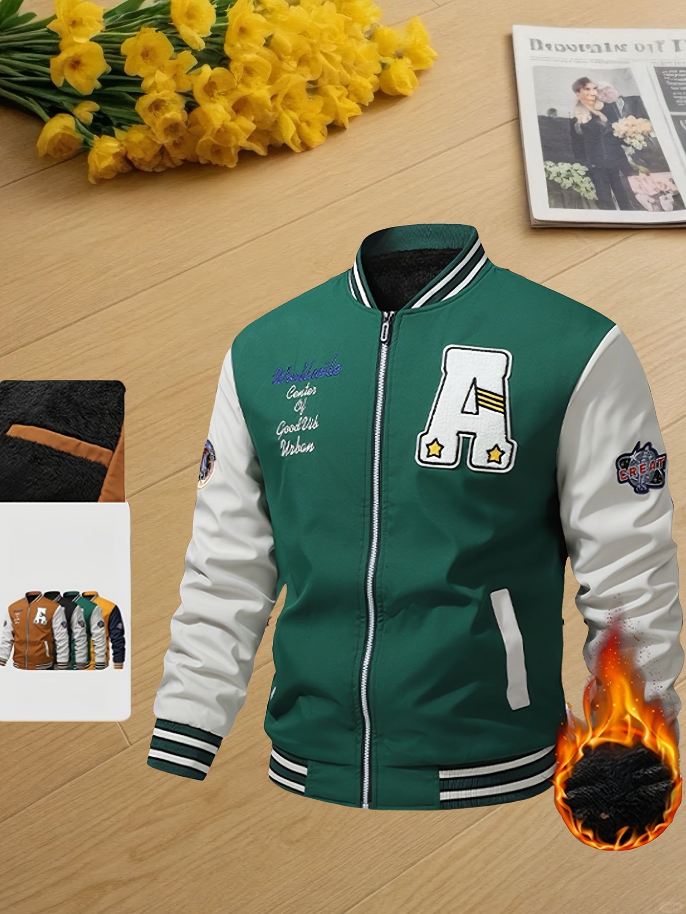 Men's Thermal Insulated Full-Zip Baseball Jacket with Full-Zip Closure - Heavyweight Winter Coat, Brown/White colorblock, Lining - Streetwear Outerwear for Casual & Formal Events - Compatible with Hoodies & Jackets (Men's Fas