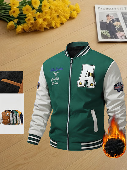 Men's Thermal Insulated Full-Zip Baseball Jacket with Full-Zip Closure - Heavyweight Winter Coat, Brown/White colorblock, Lining - Streetwear Outerwear for Casual & Formal Events - Compatible with Hoodies & Jackets (Men's Fas