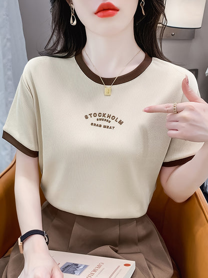 Women’s Color-Blocked Cotton T-Shirt with Elegant Shoulder Design