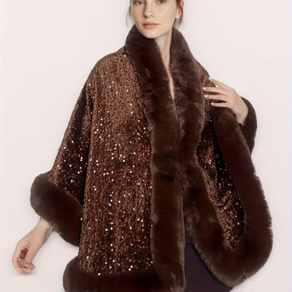 Մեծ չափսի կանացի էլեգանտ շալ-թիկնոց-պոնչո - շքեղ շագանակագույն թիկնոց՝ փայլուն հմայքով, խիտ ձմեռային վերարկու երեկույթների, պաշտոնական միջոցառումների համար՝ չձգվող գործվածք, հեշտ խնամվող էլեգանտ փաթաթան ամենօրյա հատուկ առիթների համար, երեկույթի հագուստ, C