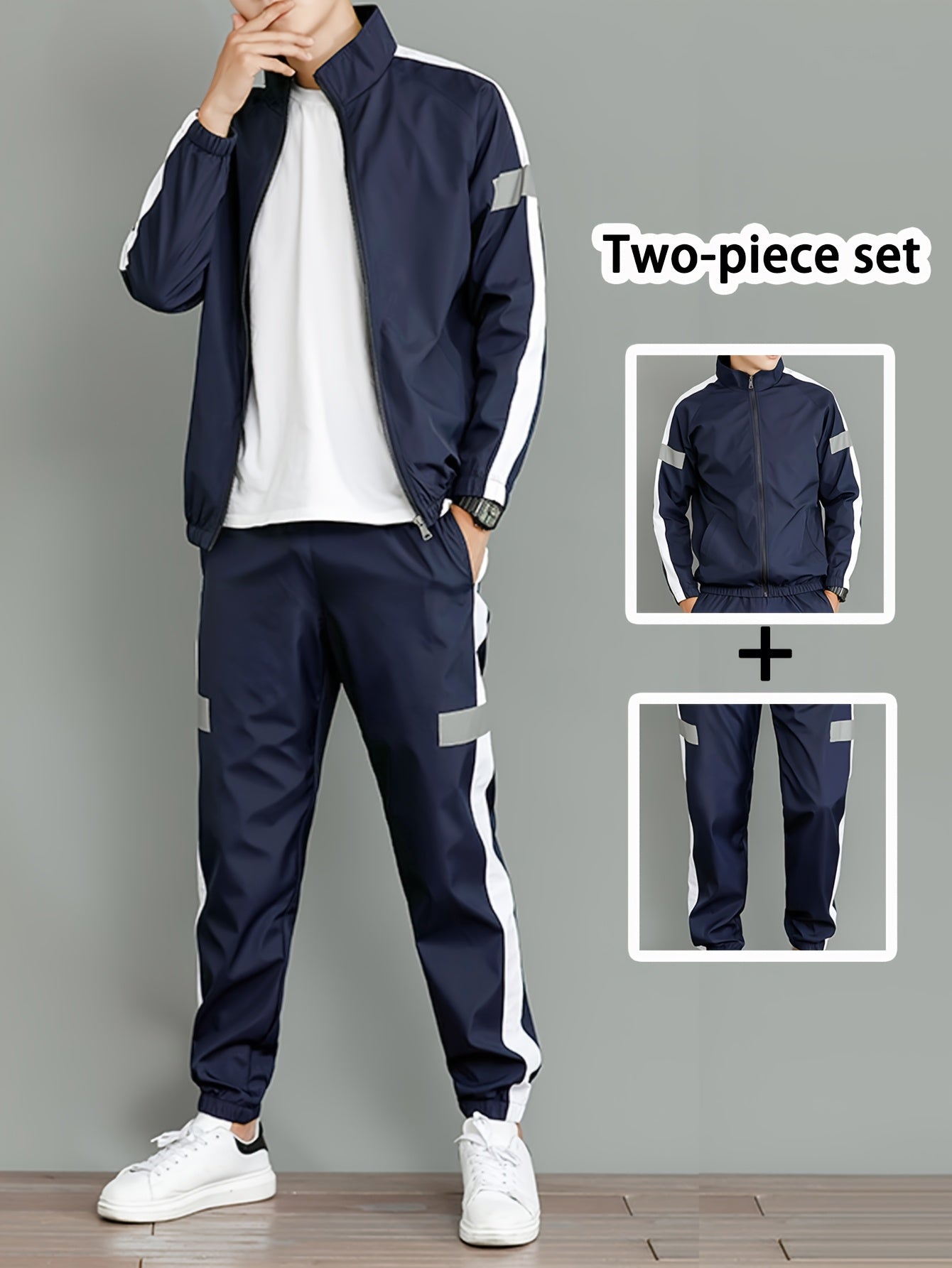 Men's Casual Polyester Jacket and Joggers Set for Spring & Fall