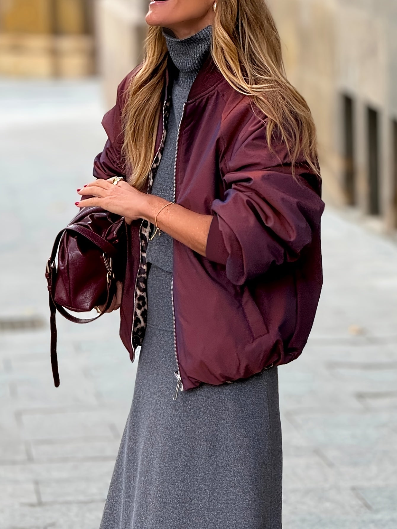 Կանացի երկկողմանի, երկկողմանի, կայծակաճարմանդով առջևի բաճկոն - ընձառյուծի նախշով և բորդո առօրյա վերարկու, նորաձև հաստ կտոր, դիմացկուն վերնազգեստ նորաձևության սիրահարների համար, ընձառյուծի նախշով բաճկոն, նորաձև վերնազգեստ, կրկնակի շերտավոր դիզայն