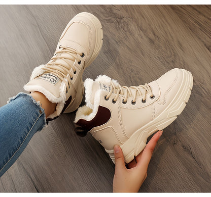 Women's Insulated Winter Boots with Plush Collar & Thick Sole - White Faux Cover Round-Toe Lace-Up Ankle Boots, Cushioned Insole & Arch Support, Warm TPU Outsole for Cold Weather, Casual to Semi-Formal Outfits