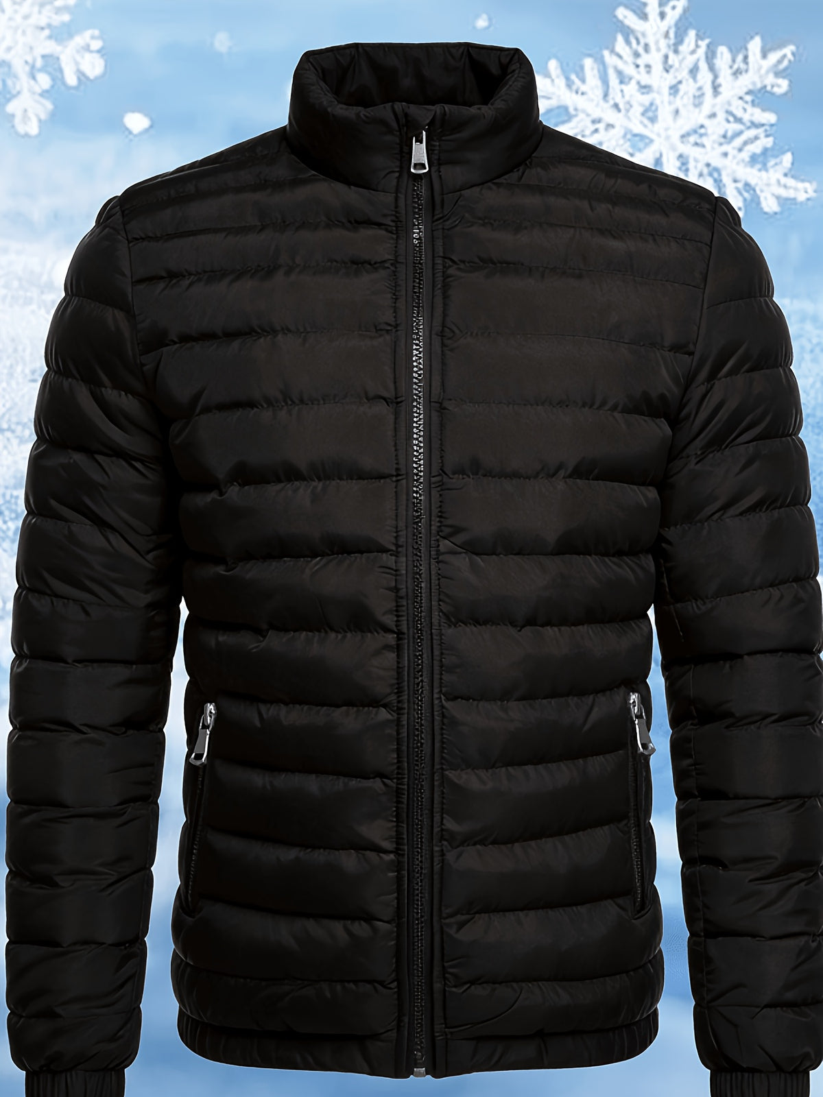 Men's Stand Collar Winter Jacket with Zipper and Fiber Filling