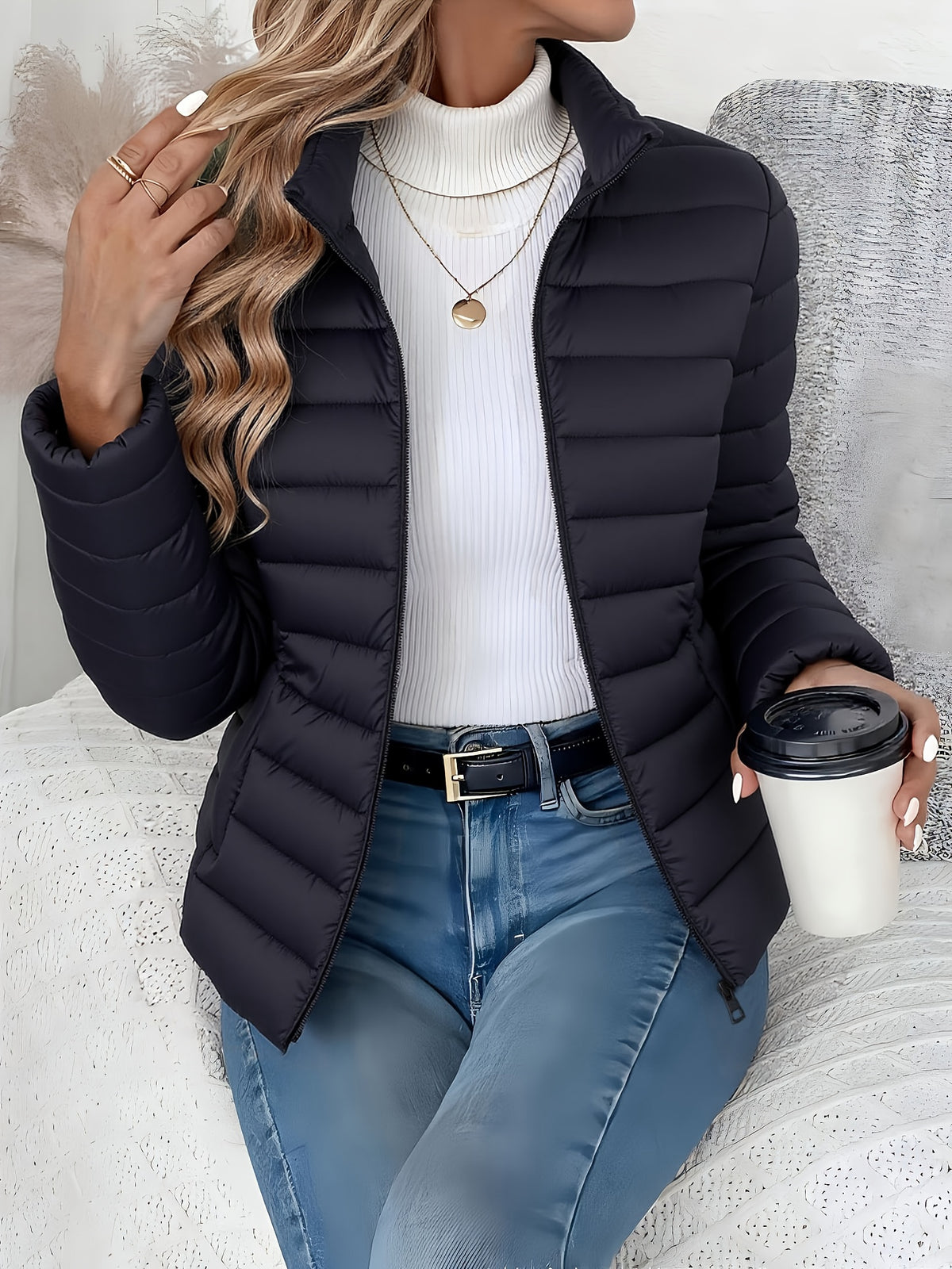 Women's Slim-Fit Quilted Polyester Jacket with High Neck