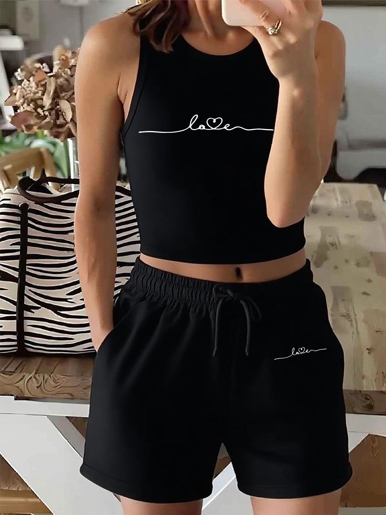 Women's Printed Vest and Shorts Set with Drawstring, Breathable Casual