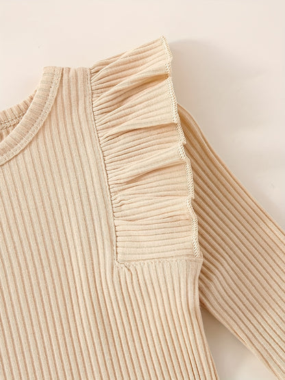 3pcs Baby Girl Outfit Set, Cute Ribbed Ruffle Long Sleeve Romper & Pants, 95% Cotton 5% Spandex, Crew Neck Pullovers, Solid Color, Regular Fit, No Belt, Fall/Winter Knit Fabric, 0-18 Months, for Outdoor