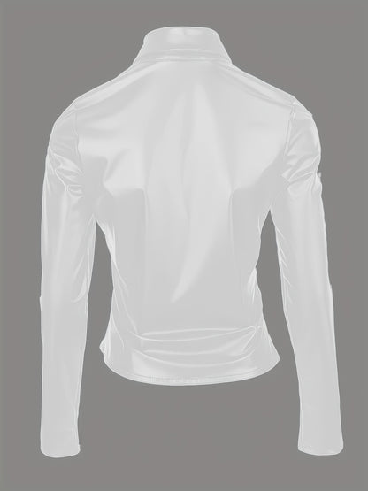 Plus Size, Plus Size Solid Color Studded Blouse, Sexy Slim Fit Button-Up Long Sleeve Top