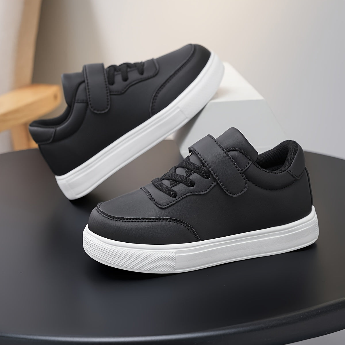 Kids Glossy PU Sports Shoes with Hook-and-Loop Closure