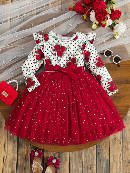 COVIVIKY Girls' Elegant Long Sleeve Party Dress with Puff Skirt & Sheer Panel - Knee-Length A-Line Wedding Prom Dress, Belted Waist Bow & Netting Trim, Hand Washable Winter Formal Gown for Girls (Age 4-12)