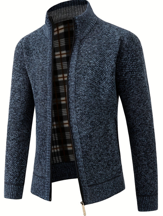 Men's Solid Fleece Knitted Cardigan With Pockets, Casual Long Sleeve Turtle Neck Zip Up Warm Sweater For Winter Fall Outdoor Activities