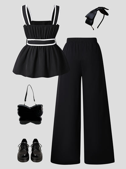 Աղջիկների էլեգանտ սև ու սպիտակ անթև մայկա՝ լայն տաբատով S