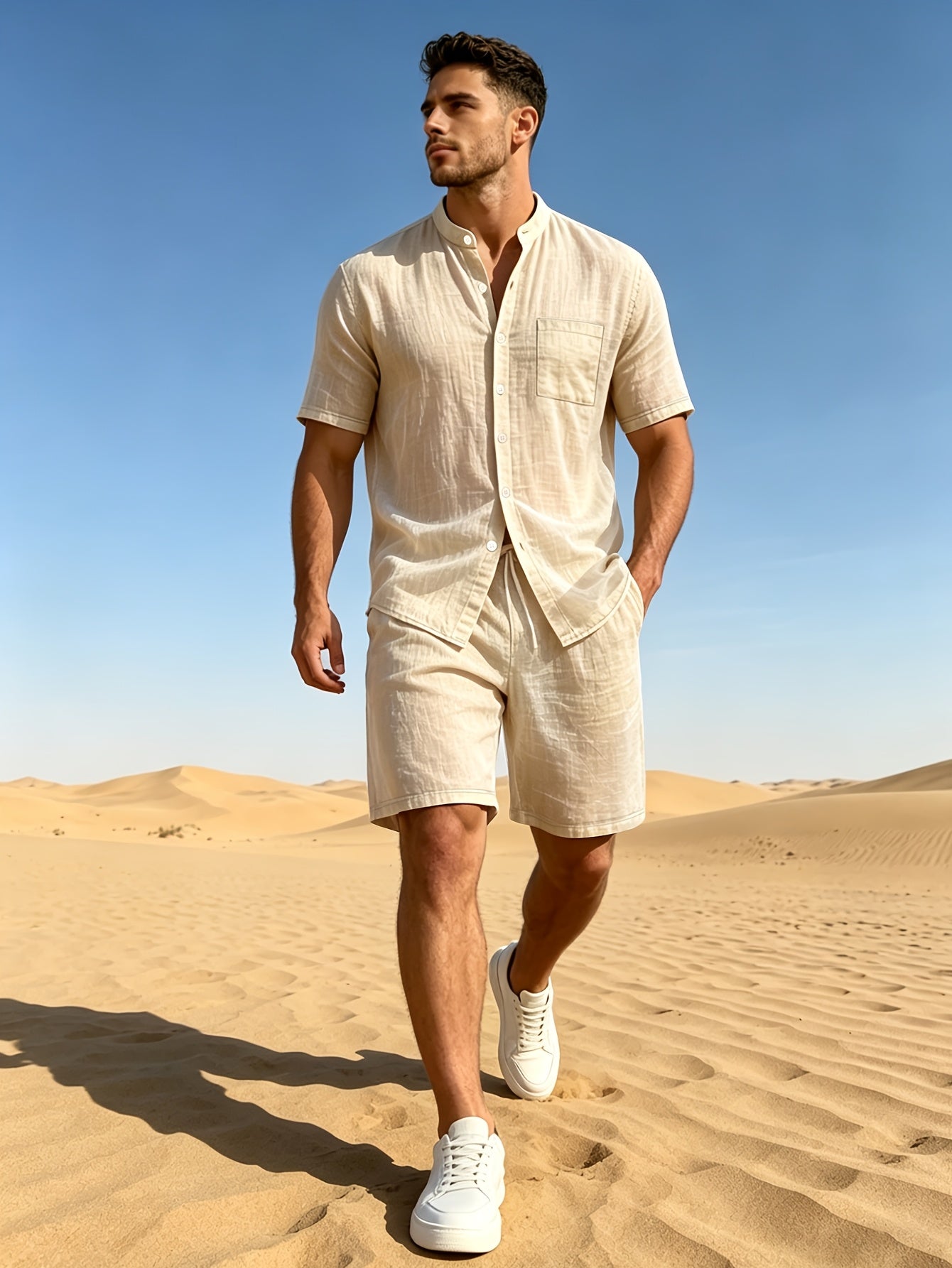 Men's Casual Linen Short Sleeve Shirt & Shorts Set for Summer
