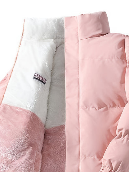 Տղամարդու երկկողմանի բրդյա ծածկույթով հաստ բաճկոն՝ առօրյա կանգնած օձիքով՝ տառերի տպագրությամբ, սովորական չափսերով, գրպաններով, պոլիեսթերային լցոնով, բազմակողմանի աշուն/ձմեռ համար, ձմեռային բաճկոն