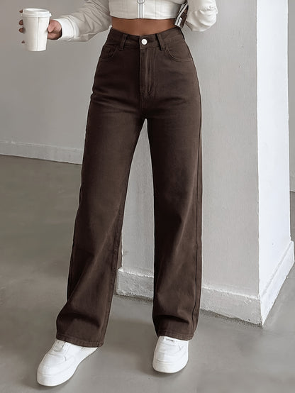 High-Waist Coffee Straight-Leg Jeans for Women, Stretch Denim