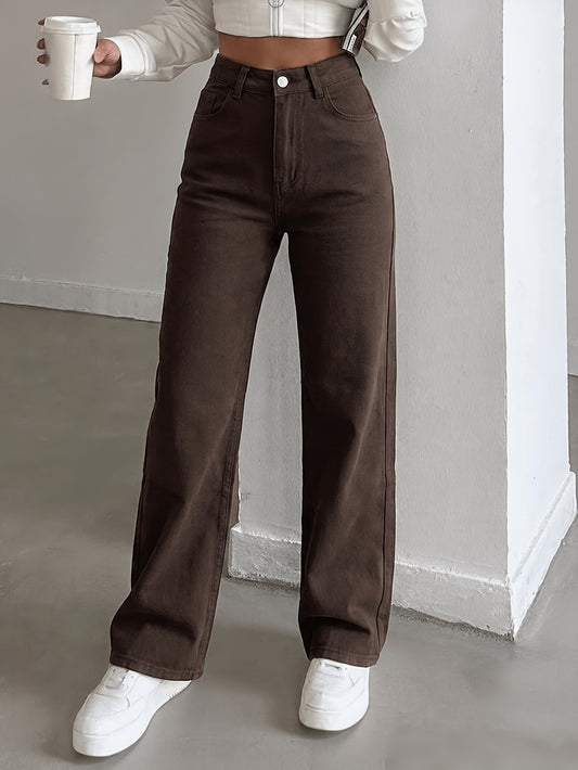 High-Waist Coffee Straight-Leg Jeans for Women, Stretch Denim