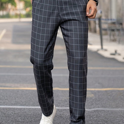 Men's Suit Pants With Plaid Design, Regular Fit And Cuffed Casual Bottoms For Business And Formal Occasions, Suitable For All Seasons