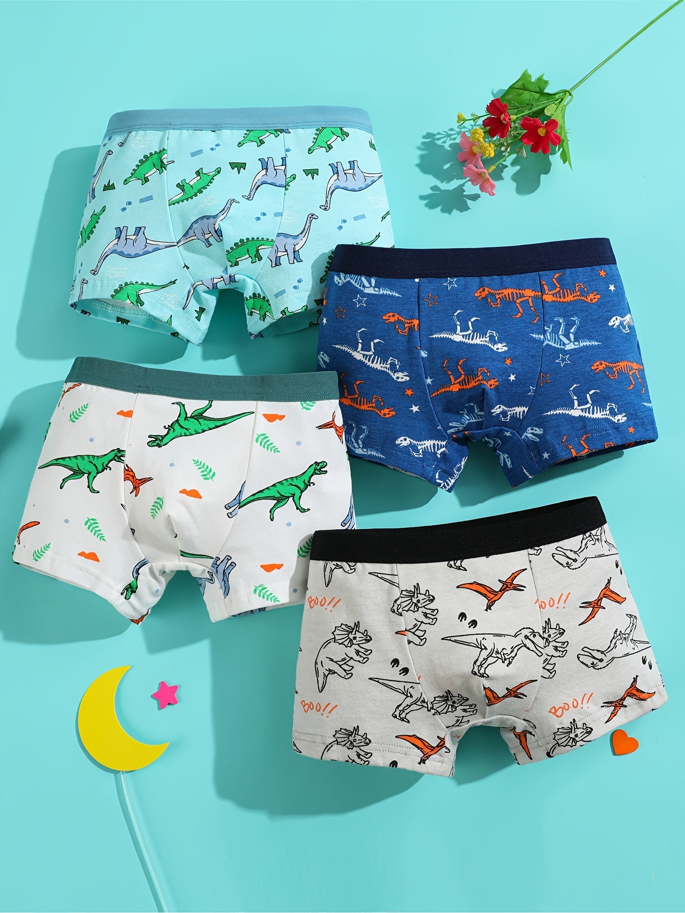 [4 հատ Cute Dinosaur Print Boys' Boxer Briefs] 4-Pack Cute Dinosaur Print Բամբակյա Բռնցքամարտիկ Տղաների համար, Փափուկ տրիկոտաժե ներքնազգեստ միջին առաձգականությամբ, սովորական պիտանի - Տղաների բամբակյա ներքնաշորեր