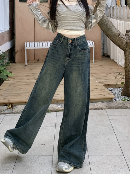 1pc XNVJEVGY Women'S High-Waisted Wide Leg Denim Jeans, Casual Style, Non-Stretch, Solid Color, Long Pants with Zipper Closure, Washed Finish, Suitable for All Seasons