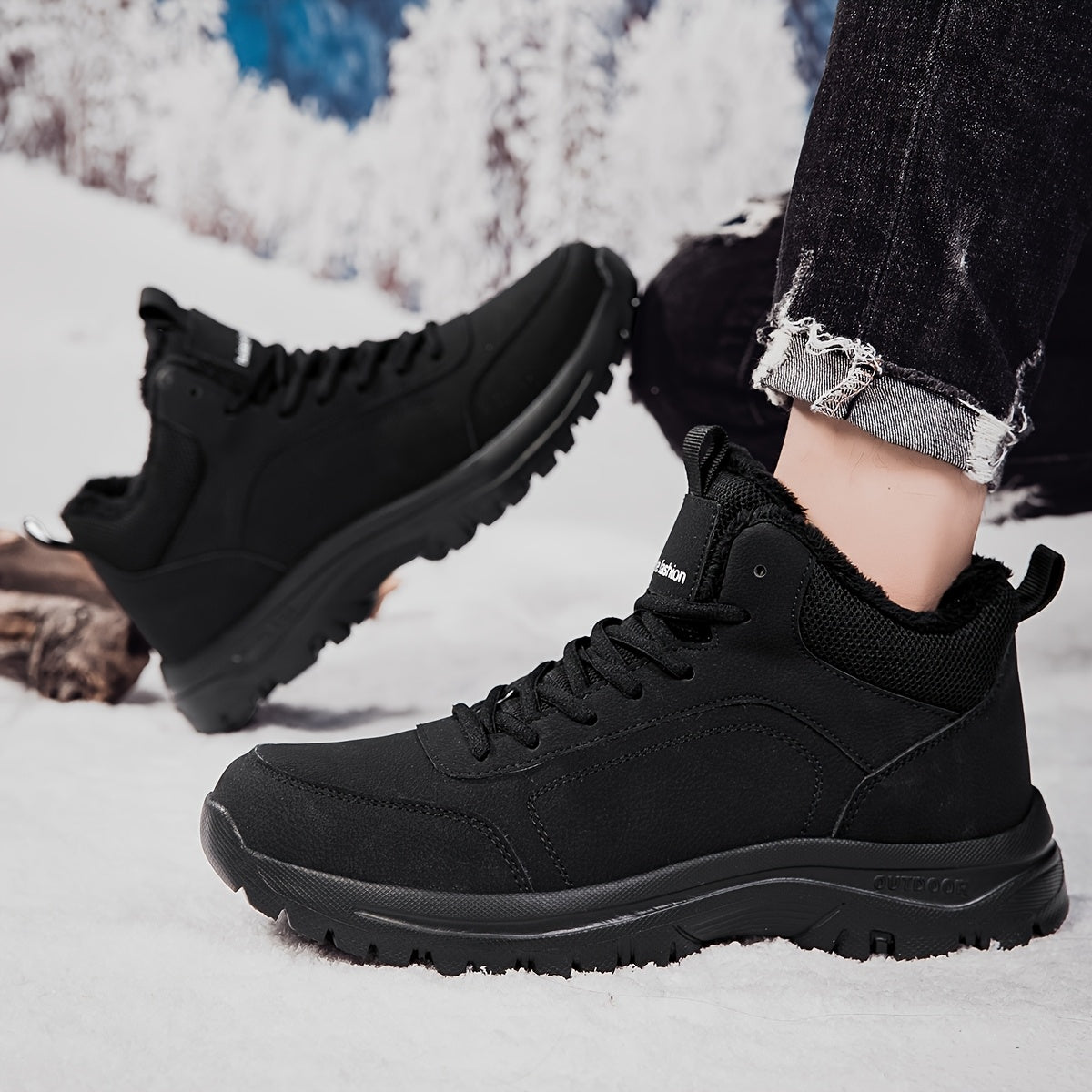 Տղամարդկանց միջին բարձրության ձմեռային ձնագնացքներ - Թեթև, չսահող, տաք փափուկ երեսպատում, դիմացկուն MD ներբան, սև աշխատանքային և փողոցային ոճ արտաքին սպորտի, արշավների և ամենօրյա հանգստի համար, ձմեռային կոշիկներ, արշավային կոշիկներ, նրբագեղ դիզայն, ճկուն