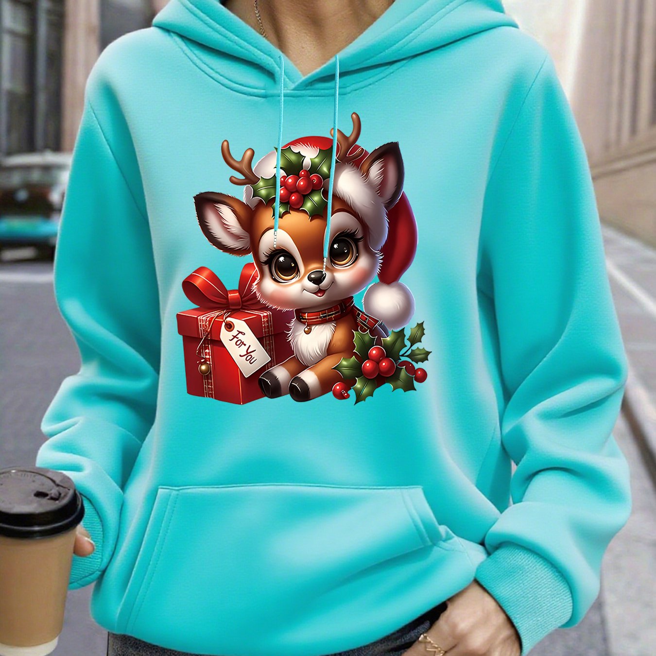 Women's Christmas Deer & Reindeer Print Hoodie - Cozy Winter Pullover Sweatshirt with Cute Deer Headband-Like Hood, Slim-Fit Casual Jacket for Holiday Parties, Xmas Outfits & Cold Weather (Machine Washable), Fall Clothes For