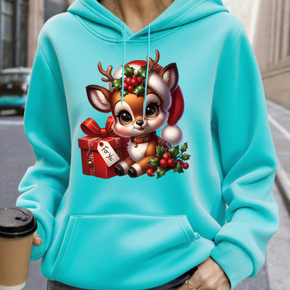 Women's Christmas Deer & Reindeer Print Hoodie - Cozy Winter Pullover Sweatshirt with Cute Deer Headband-Like Hood, Slim-Fit Casual Jacket for Holiday Parties, Xmas Outfits & Cold Weather (Machine Washable), Fall Clothes For