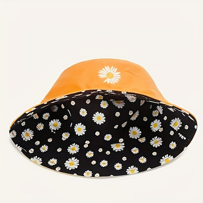 Daisy Graphic Reversible Bucket Hat Black Trendy Breathable Basin Hats Lightweight Sunscreen Fisherman Cap For Women daily use