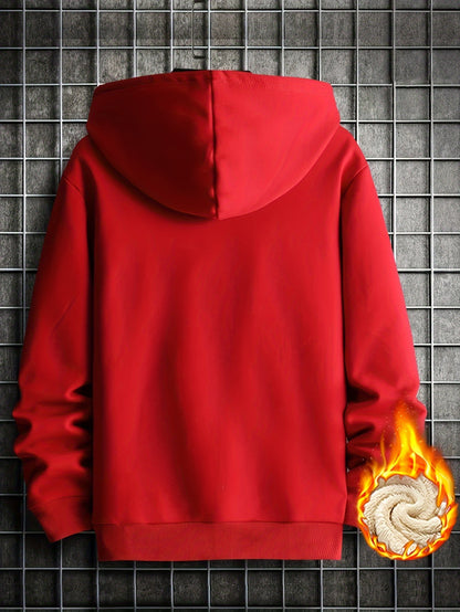 Men's Red Hooded Christmas Sweater with White Fur-like Collar & Golden Trim - Long Sleeve Loose Fit Casual Pullover, Machine Washable Winter Warmth for Holiday Parties, New Year's Eve & Winter Events - Festive Sweater for Men