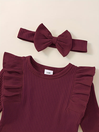 3pcs Baby Girl Outfit Set, Cute Ribbed Ruffle Long Sleeve Romper & Pants, 95% Cotton 5% Spandex, Crew Neck Pullovers, Solid Color, Regular Fit, No Belt, Fall/Winter Knit Fabric, 0-18 Months, for Outdoor