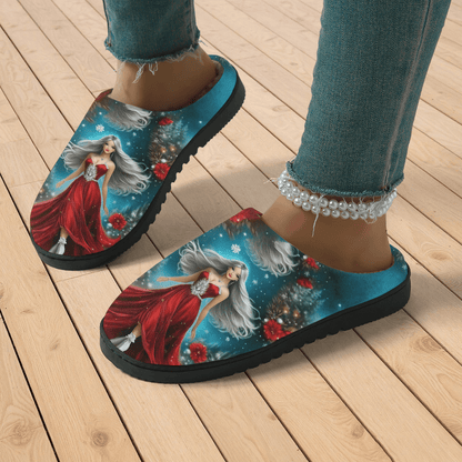 Women's Red Slippers with Red Dress Print - Winter Warm Soft Sole Slip-On Moccasins Suitable for Winter Parties, Christmas & New Year's Eve - Comfortable /Outdoor Footwear, European Style Fabric Upper & TPR Sole