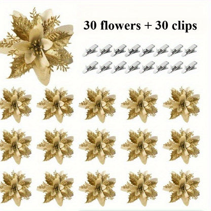 60 Shiny Flower Clips - 5.5-Inch Large Decorative Set, Suitable for Christmas, Weddings, New Year & Family Gatherings - Includes 30 Flowers & 30 Clips, Easy To Hang, Best For Christmas