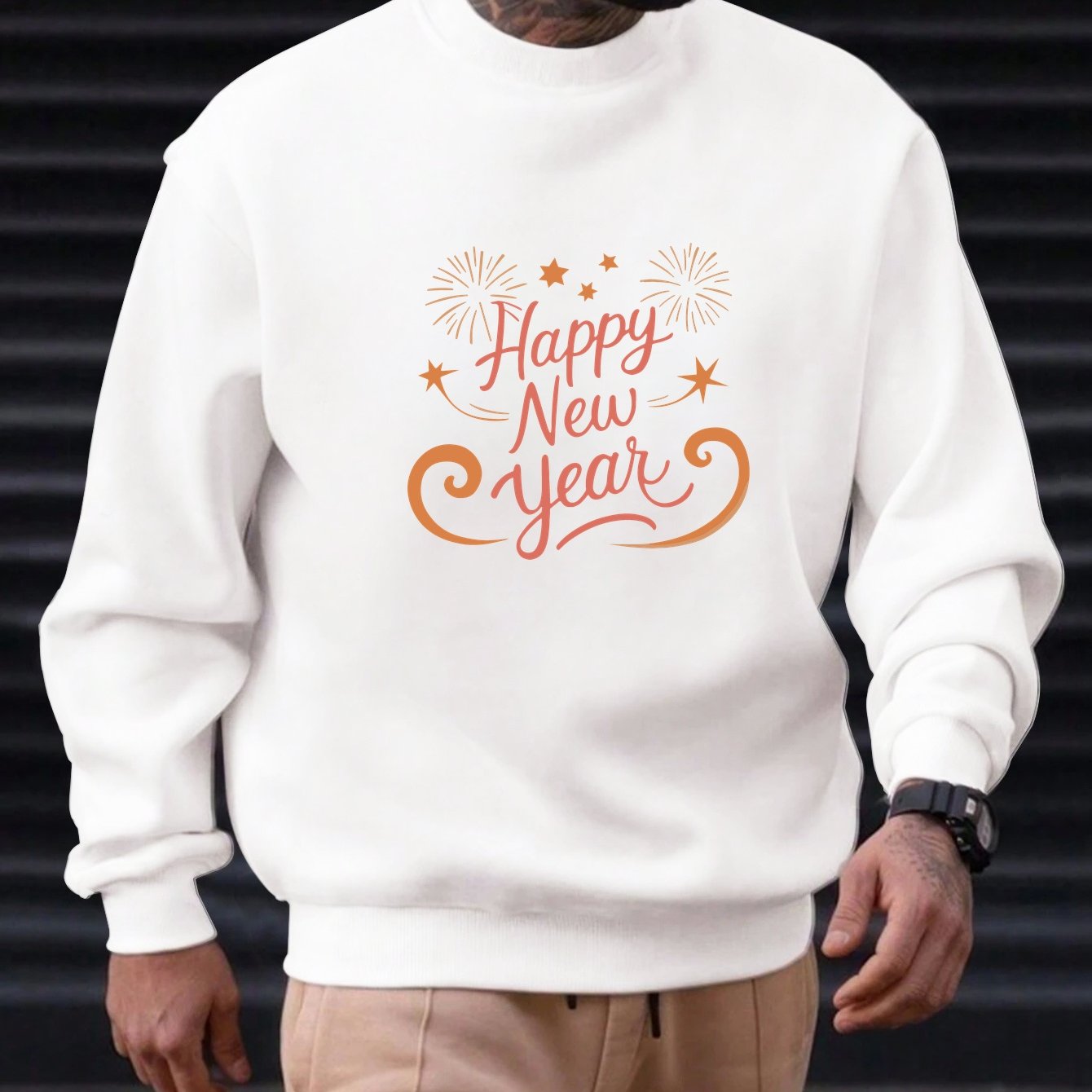 Men'S Happy New Year Sweatshirt - Light Grey with Orange Lettering - Regular Fit Crewneck Pullover for New Year'S Eve, NYE Parties & Casual Attire - Non-Permanent Celebration Sweater for Everyday & Special Occasions, New Year