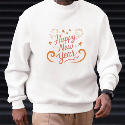 Men'S Happy New Year Sweatshirt - Light Grey with Orange Lettering - Regular Fit Crewneck Pullover for New Year'S Eve, NYE Parties & Casual Attire - Non-Permanent Celebration Sweater for Everyday & Special Occasions, New Year