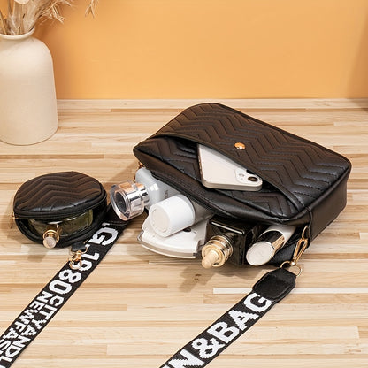 New Quilted Shoulder Bag, Casual Zipper Crossbody Bag, V-Pattern Two Piece Small Square Bag, Shoulder Bag with Zero Wallet, Letter Shoulder Strap, Coin Wallet, Card Bag, Phone Bag, Camera Bag, Lipstick Bag, Key Bag(8.66*5.12*