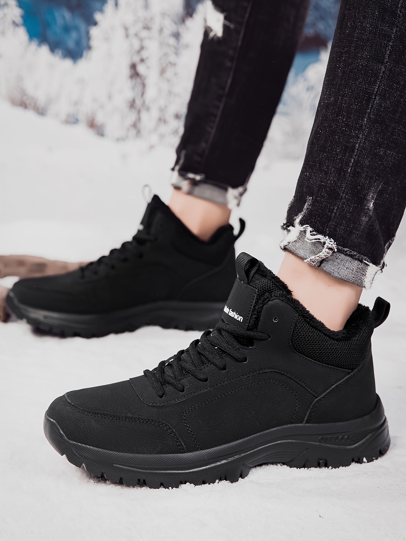 Տղամարդկանց միջին բարձրության ձմեռային ձնագնացքներ - Թեթև, չսահող, տաք փափուկ երեսպատում, դիմացկուն MD ներբան, սև աշխատանքային և փողոցային ոճ արտաքին սպորտի, արշավների և ամենօրյա հանգստի համար, ձմեռային կոշիկներ, արշավային կոշիկներ, նրբագեղ դիզայն, ճկուն