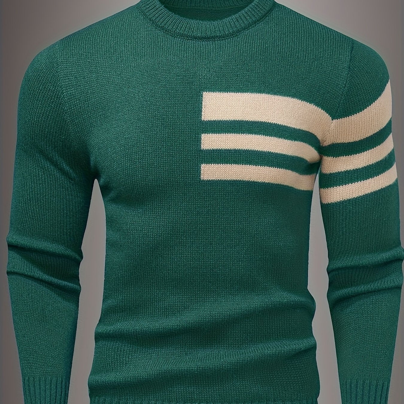 Men's Brown & Striped Sweater - Soft Round Neck Cable-Knit Winter Sweater with White Piping, Machine Washable Casual Pullover for Fall & Winter, Brown/Beige Horizontal Stripes, Ribbed Cuffs & Hem, Stylish Men's Sweater for Ev