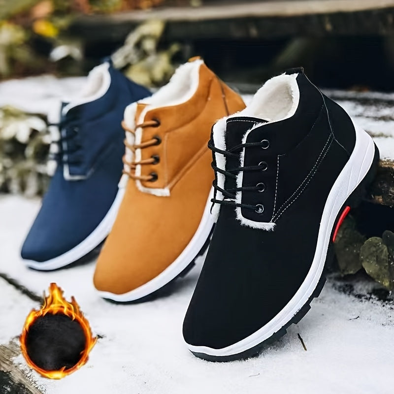 Men'S Winter Snow Boots - Warm High-Top Ankle Boots with Lace-Up Closure, Non-Slip Rubber Sole, and Breathable Fabric Upper for Cold Weather, Casual Style, Solid Color, Winter Boots, Brown Winter Shoe For Men Hiking, Thermal