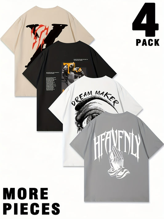 Set of 4 Men'S Graphic T-Shirts - Featuring Designs Like 'Heavenly', Casual Round Neck Short Sleeves Made of Lightweight Polyester, Perfect for Summer Outdoor Wear, a Great Gift for Family.