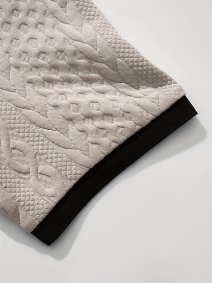 Summer Breathable Italian-style Color-blocked Light-mature Trendy Men's Shirt with V-neck, Slight Stretch, Jacquard Texture, Slim-fit Short Sleeves, Knitted - ayq