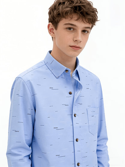 Teen Boys' White Blue Alphabet Print Casual Long Sleeve Shirt