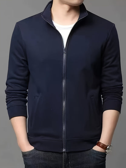 Men'S Slim-Fit Fleece-Lined Zip-Up Hoodie - Warm Long Sleeve Casual Jacket with Stand Collar, Solid Color, Polyester Lining, Pockets, Regular Fit for Fall/Winter, Winter Hoodie, Autumn Outerwear, Sleek Design, Durable Fabric,