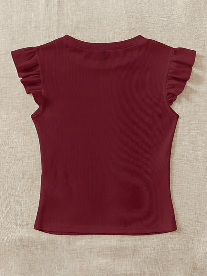 Slim Fit Ribbed Ruffle Sleeve T-Shirt for Women, Summer Chic - ayq