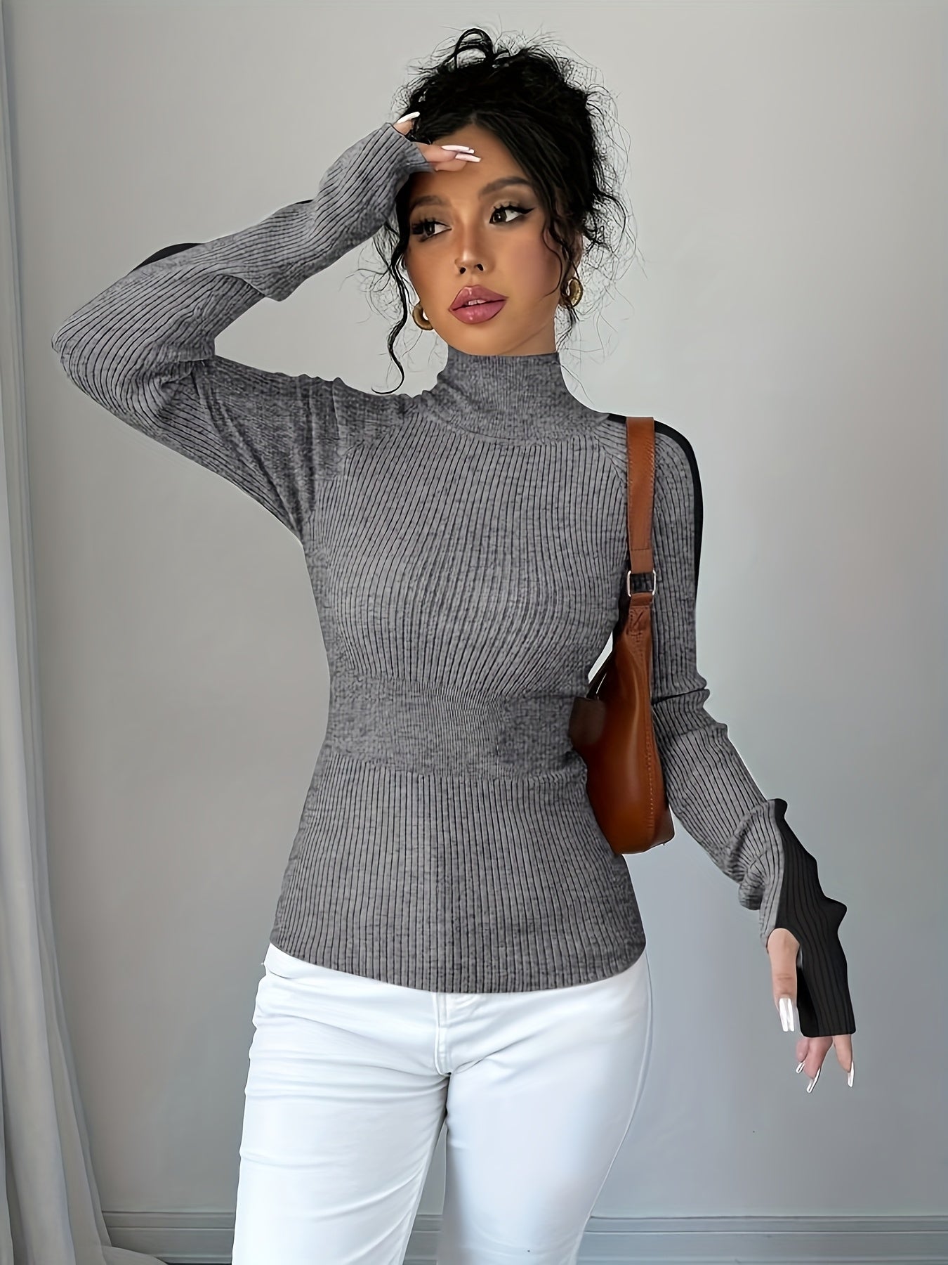 Elegant Contrast Color Turtleneck Soft Base Layer Top