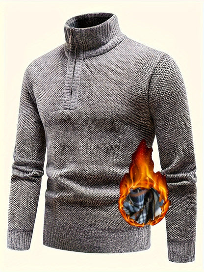 Men's Fleece-Lined Warm Knit Sweater - Autumn/Winter, Solid Color with Stand Collar & Short Zipper Placket, Long Sleeve, Polyester - Ideal for Hiking, Cycling & Casual Attire, Winter Sweater