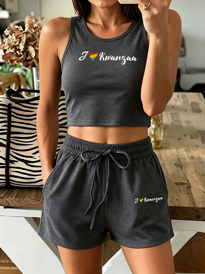 Women's Casual Two-Piece Vest and Shorts Set with Drawstring