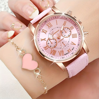 Chic 6pcs Quartz Watch Set with Faux Leather Straps & Heart Charm Bracelets - Perfect Gift for Valentine's, Easter, Birthdays & Christmas