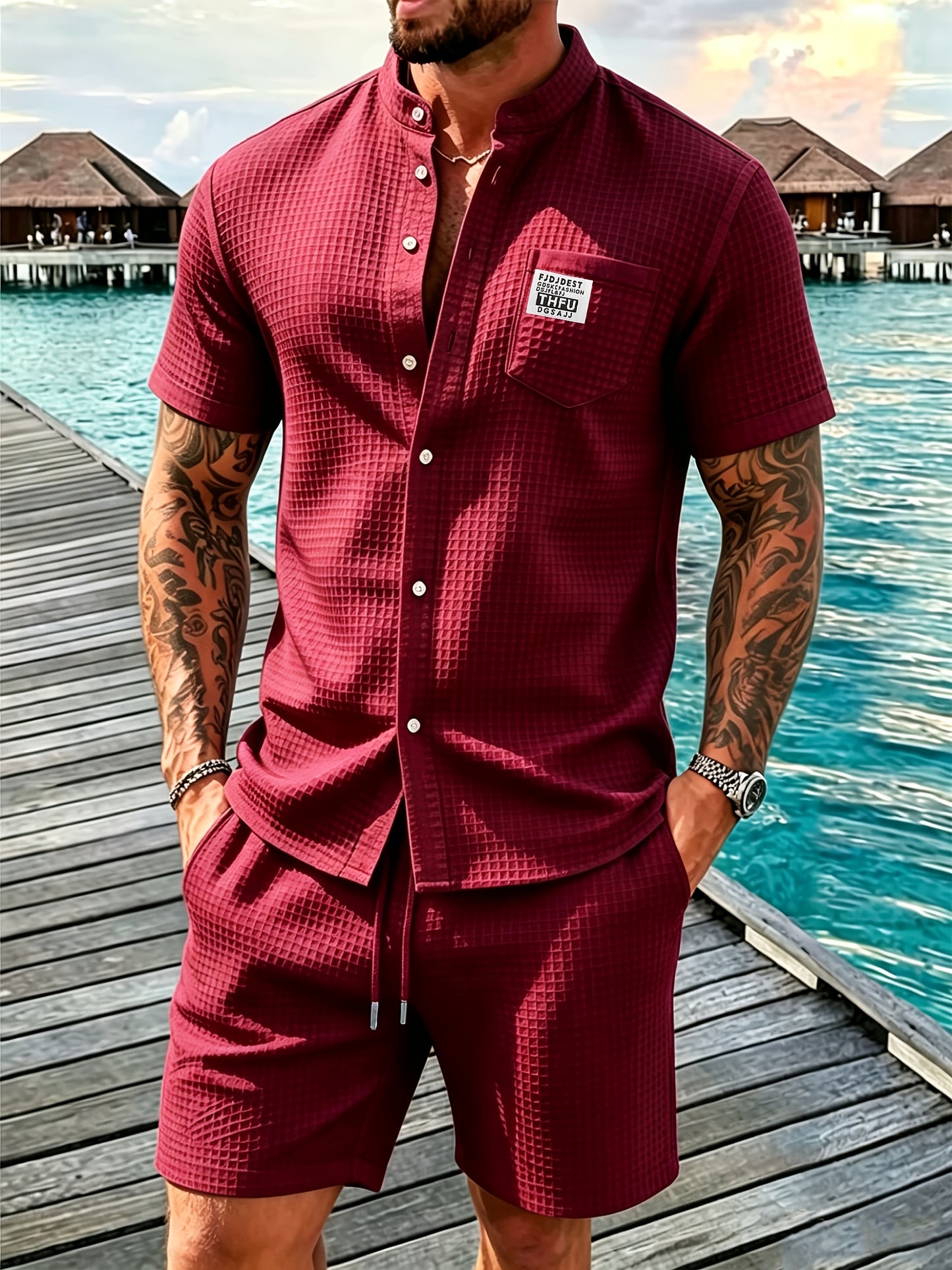Men's Summer Waffle Knit Shirt & Shorts Set - Casual Sporty Style