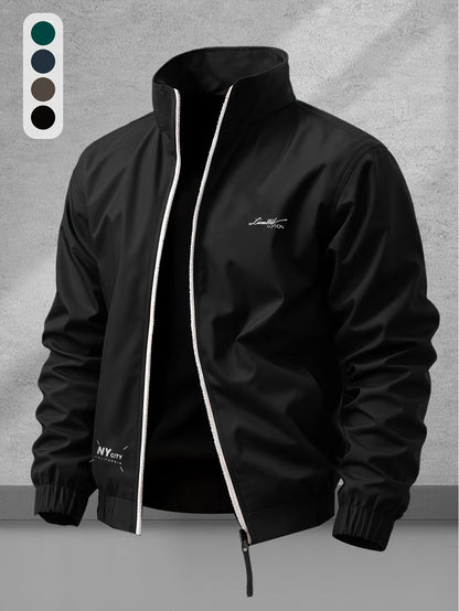 Men's Casual Polyester Jacket with Stand Collar and Zipper