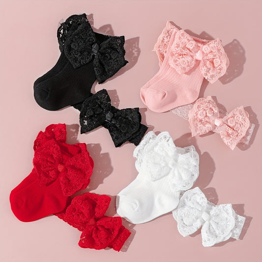 1 Set Baby Lace Bowknot Socks and Hairband, Polyester 95% Spandex 5%, All-Season Knit Fabric, Hand Wash Only, Perfect for Newborn, First Birthday Gift, 27g/m²